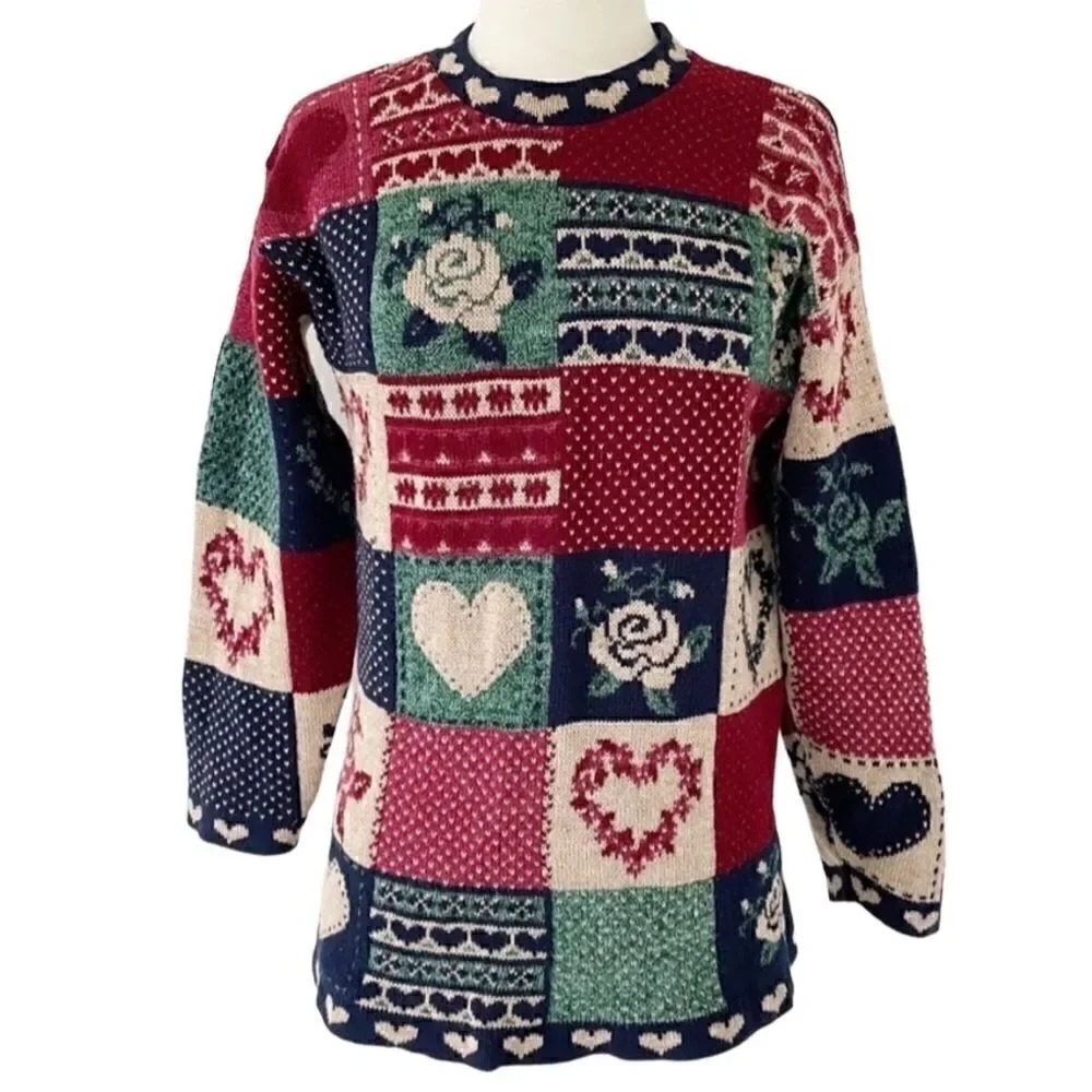 Vintage Crewneck Pullover Knit Sweater Floral Heart Patches Women Size XS Small - Picture 1 of 7